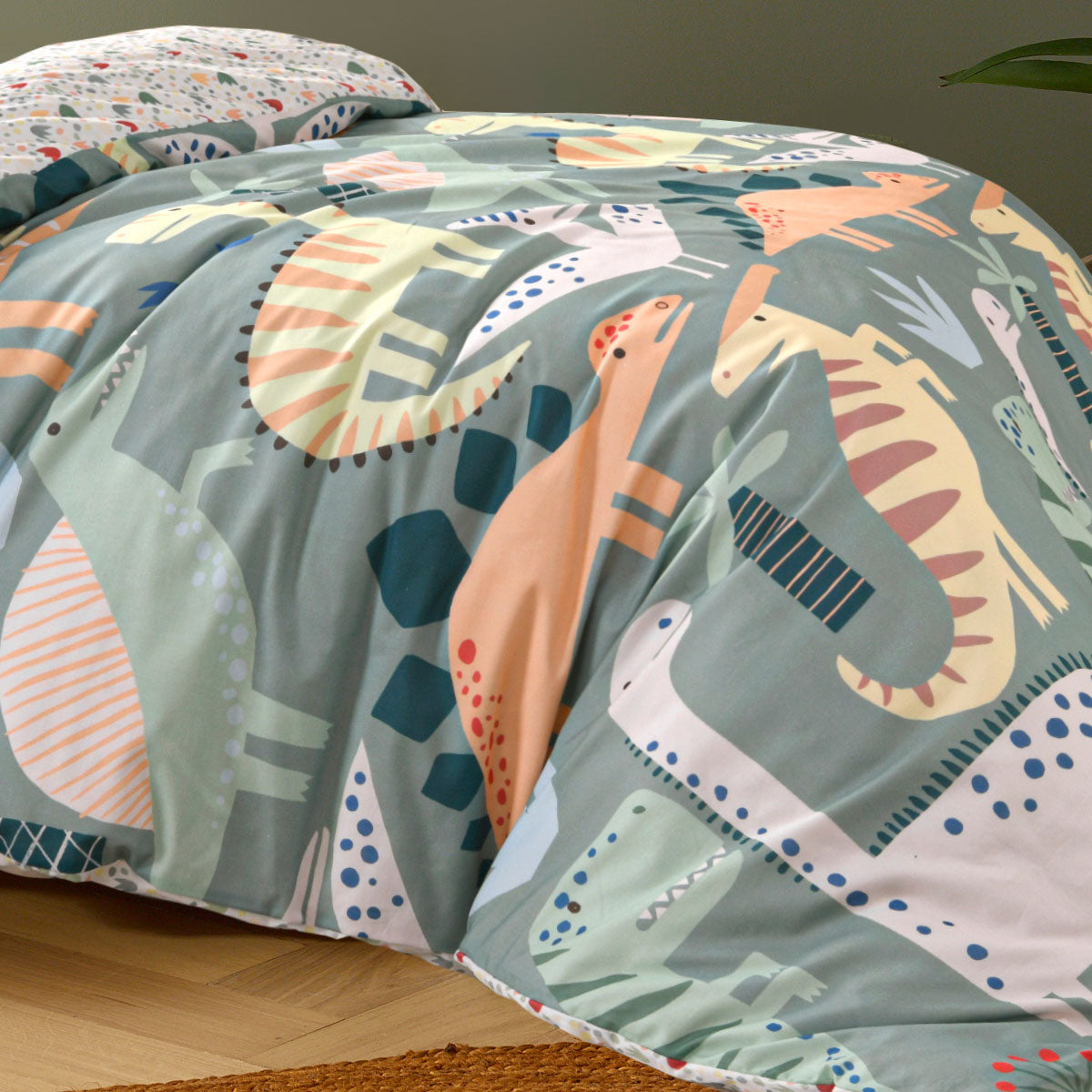 Dino Mania Green Cotton Quilt Cover Set I Single