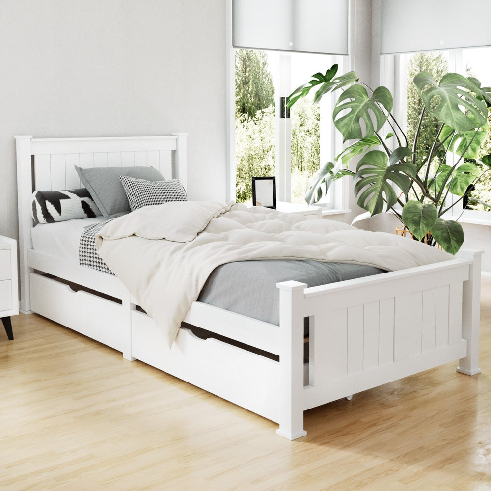 Artiss Rio Wooden White Bed Frame with 2 Drawers | Single