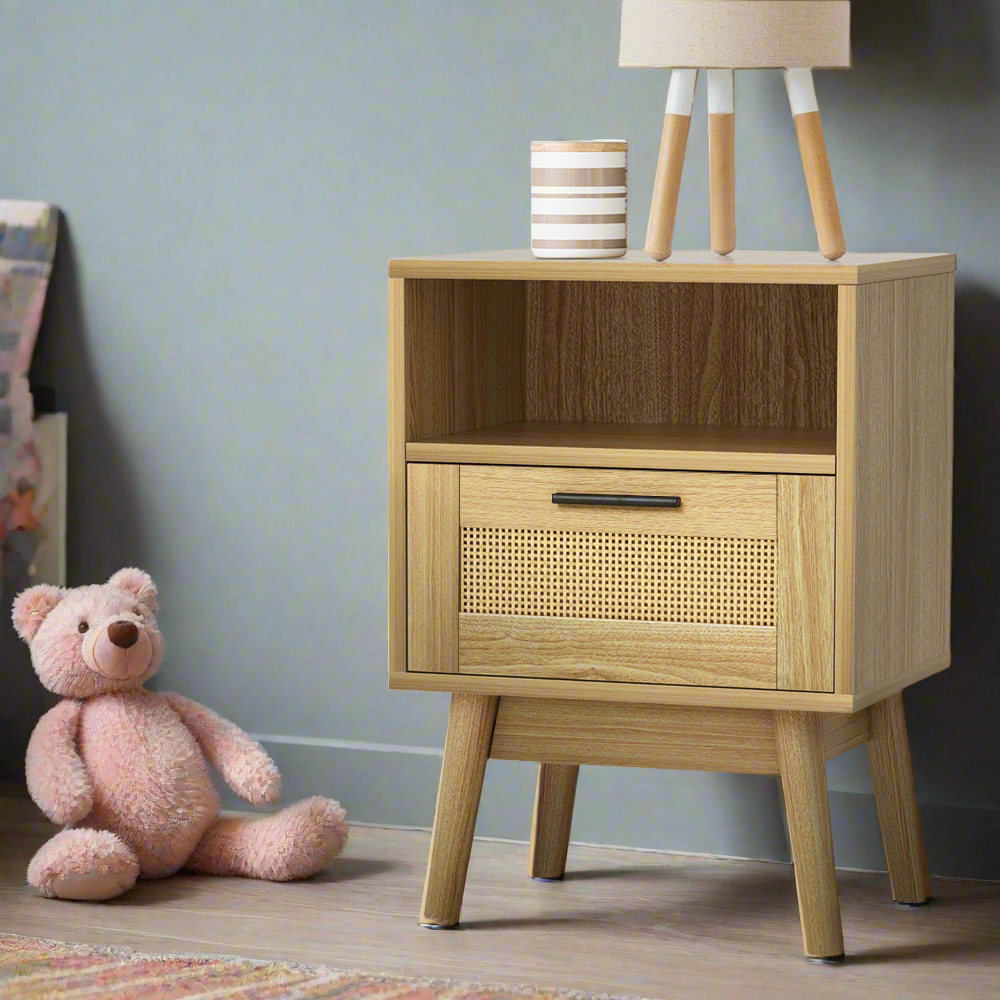 Rattan Single Drawer Bedside Table - Oak