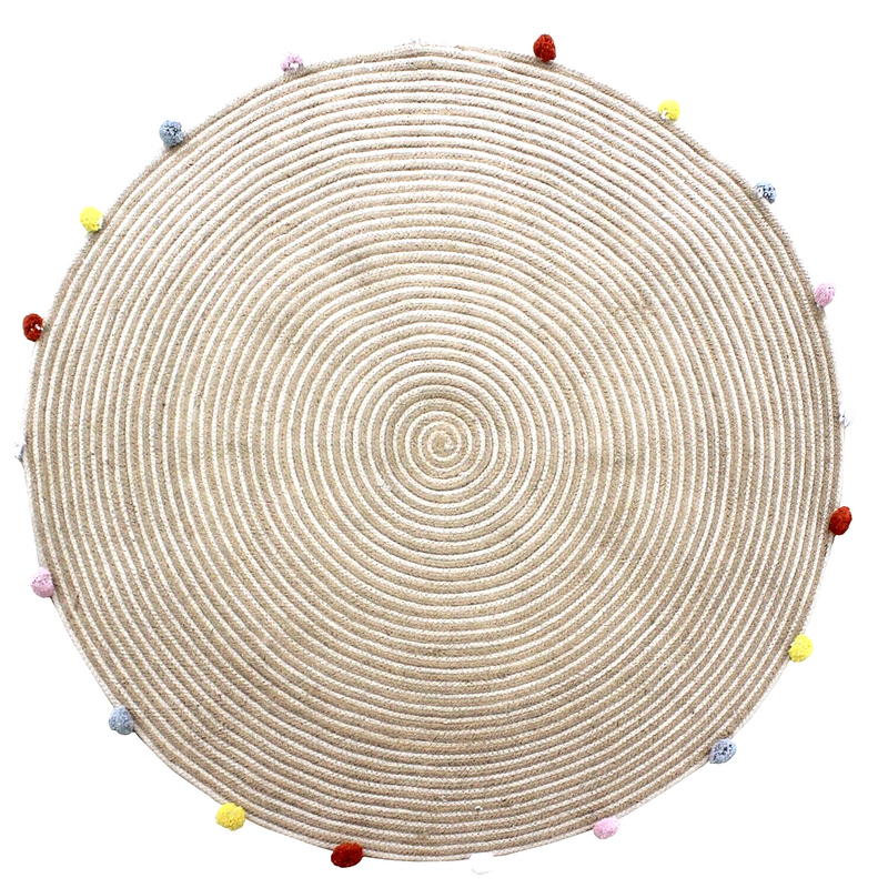 Kids Round Rug - Jute with Pom-Poms (120 cm)