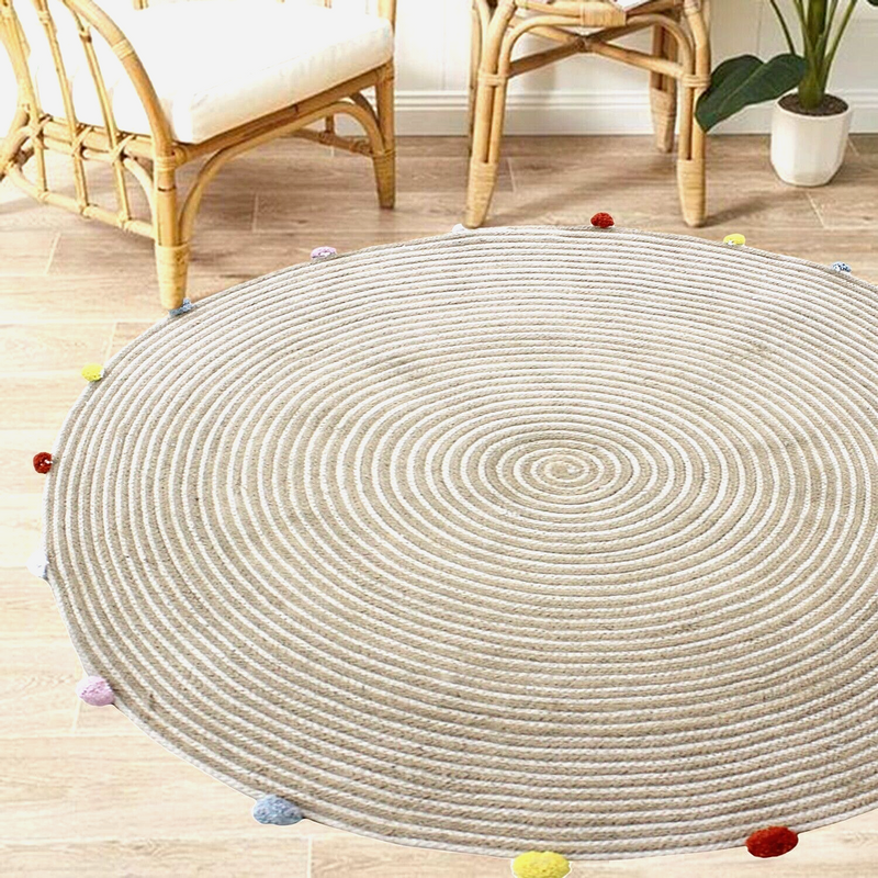 Kids Round Rug - Jute with Pom-Poms (120 cm)