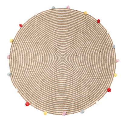 Kids Round Rug - Jute with Pom-Poms (120 cm)