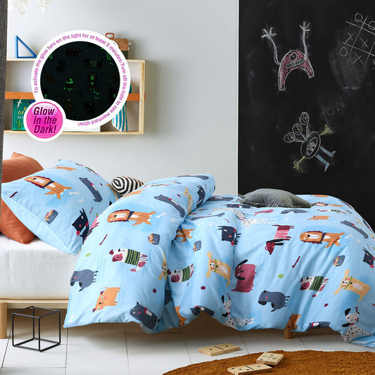 Kids Puppy Dog Glow in the Dark Quilt Cover Set - Single