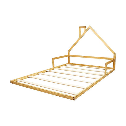 Kids Pine Wood Floor House Bed Frame - Double