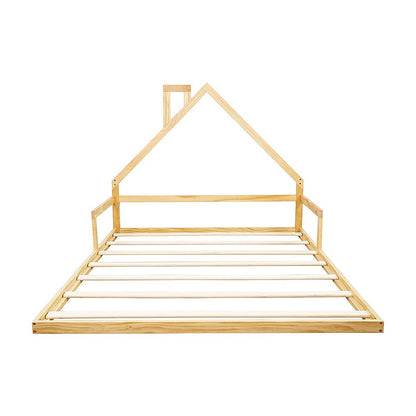 Kids Pine Wood Floor House Bed Frame - Double